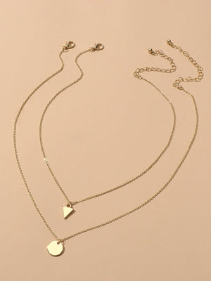 2pcs Minimalist Style Women Accessories Gold Chain Triangle Round Charm Necklace-0