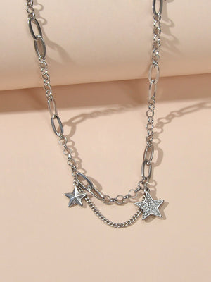 Retro Silver Trendy Paperclip Chain Rhinestone Star Charm Short Collar Necklace-2
