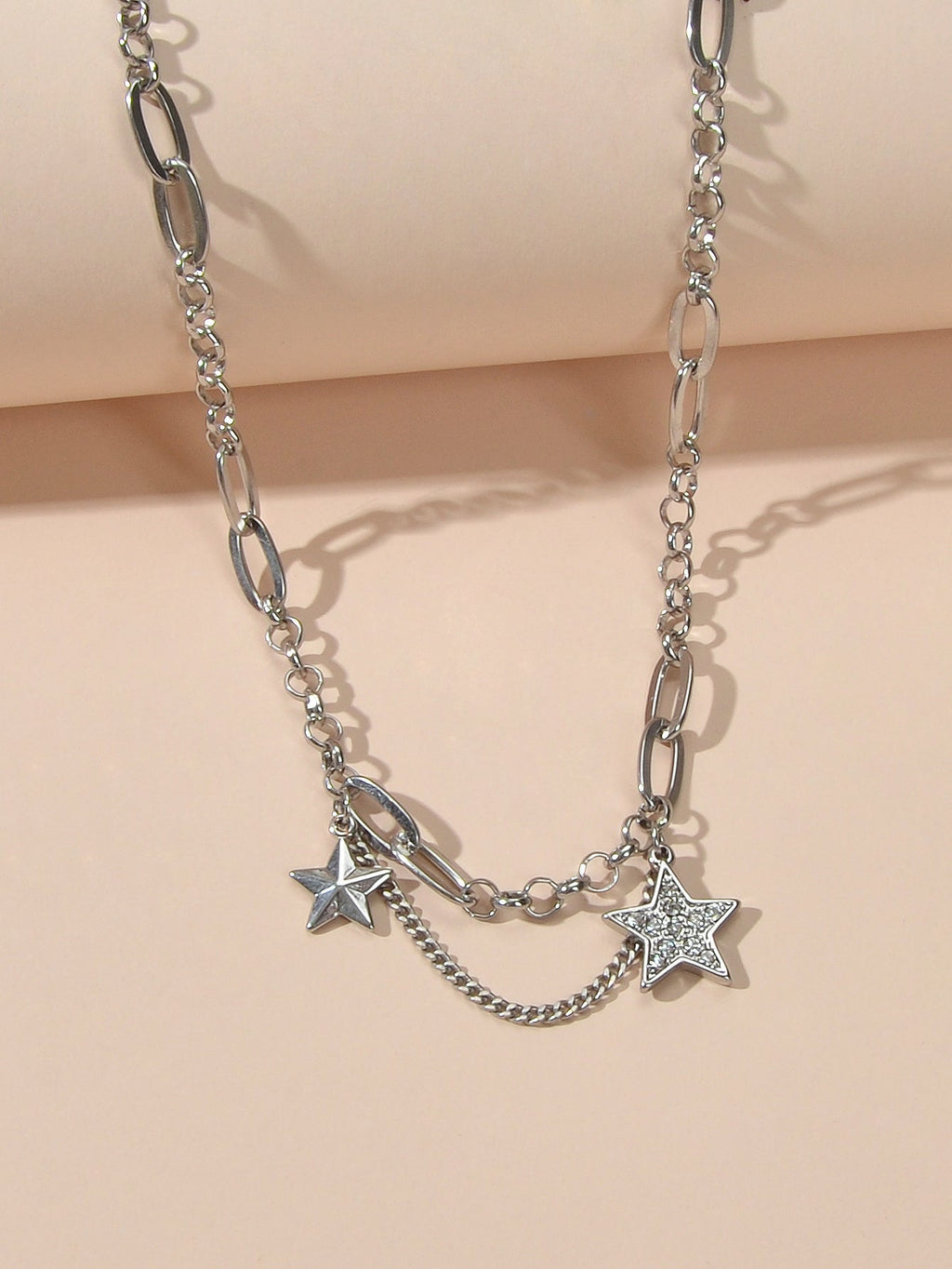 Retro Silver Trendy Paperclip Chain Rhinestone Star Charm Short Collar Necklace-2