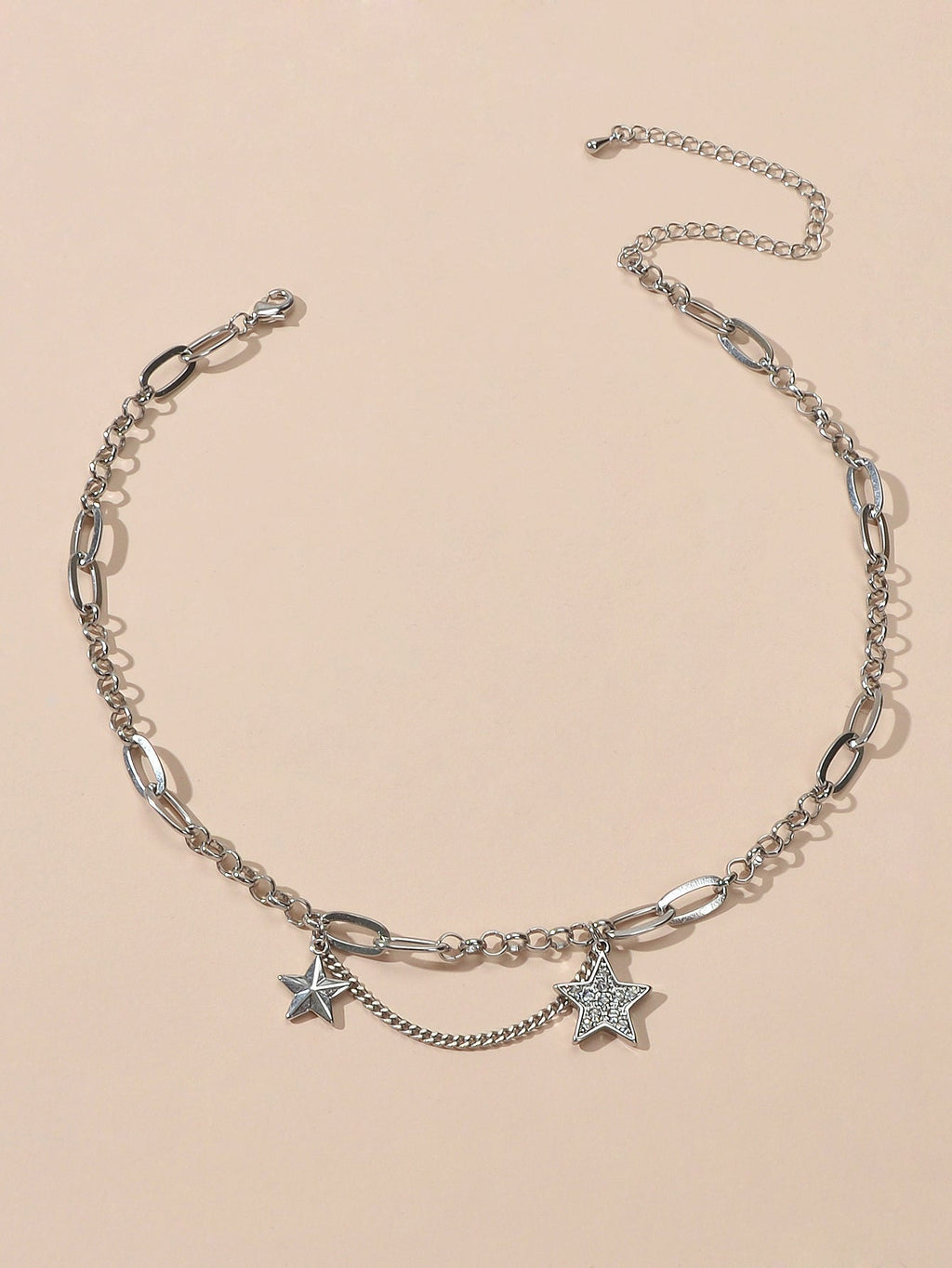 Retro Silver Trendy Paperclip Chain Rhinestone Star Charm Short Collar Necklace-0
