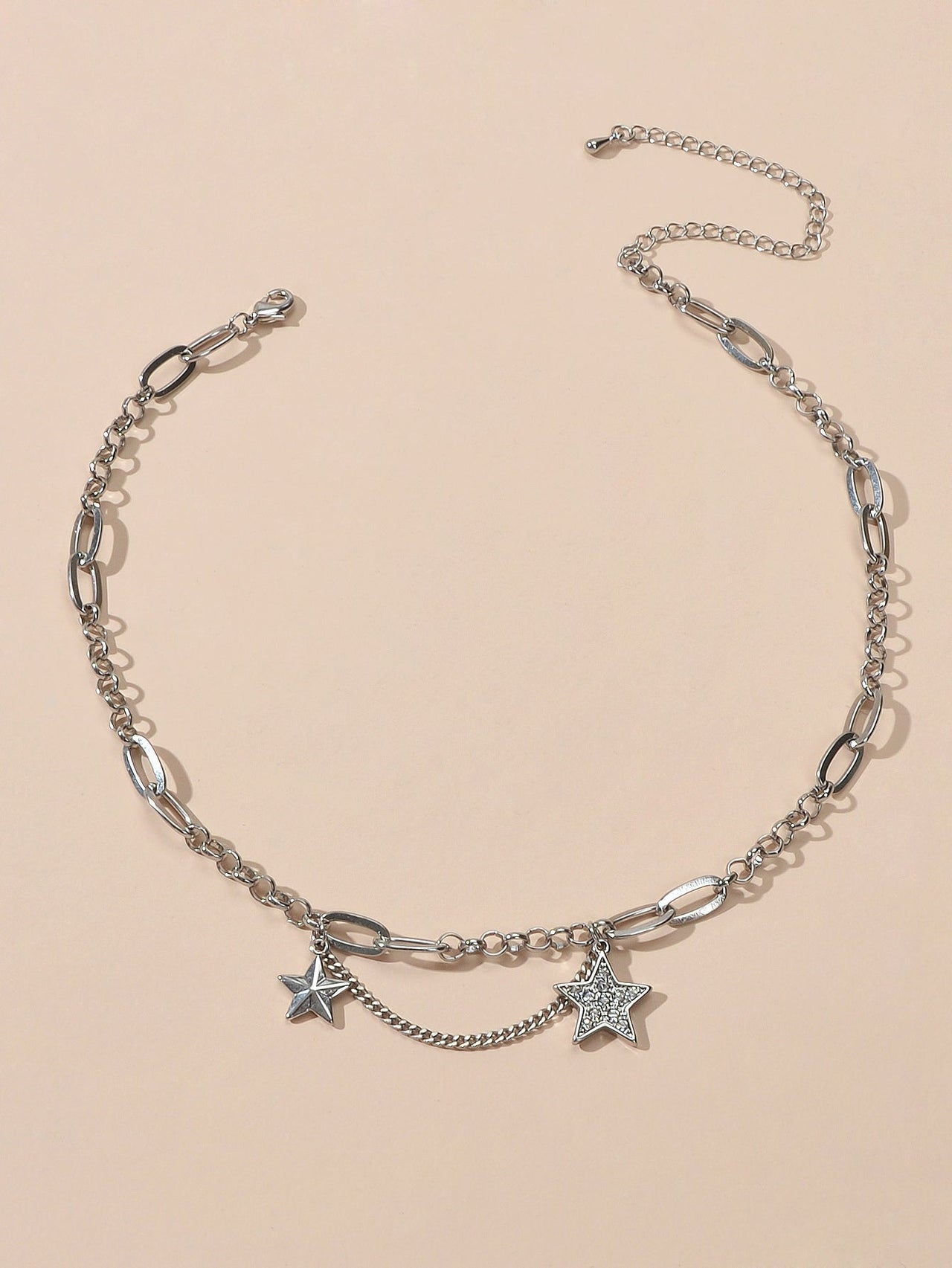 Retro Silver Trendy Paperclip Chain Rhinestone Star Charm Short Collar Necklace-0