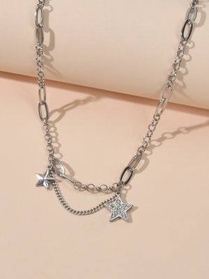 Retro Silver Trendy Paperclip Chain Rhinestone Star Charm Short Collar Necklace-3
