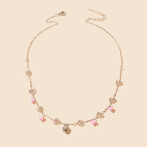 Gift Jewelry Pink Beads Decor Silvery Chain Heart Pendant Necklace Fashion Accessories-1