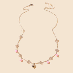 Gift Jewelry Pink Beads Decor Silvery Chain Heart Pendant Necklace Fashion Accessories-3